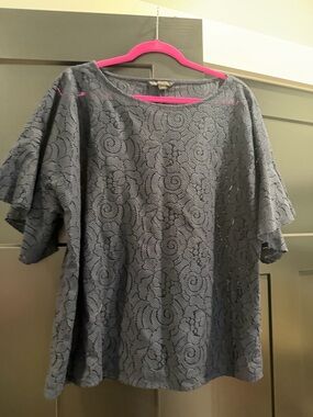 Banana Republic Navy Floral Lace Flutter-Sleeve Blouse